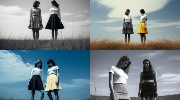 黑人白人两个美女穿短裙，站海边草地，对称构图，清新风格，16mm广角，侧逆光，暖黄冷蓝配色，惬意神情，氛围轻松，从头到脚。