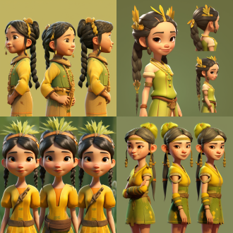 彝族可爱小姑娘三视图，前侧后统一，黄绿配色，小麦色皮肤精灵耳双辫，表情拽，透明背景，泡泡马特风，c4d，辛烷渲染