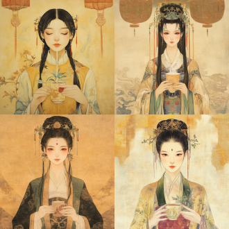 敦煌壁画元素国潮美女工笔插画，手持饮料旁有中药植物，对称构图，古风环境，柔和顶光，暖黄配色，优雅娴静。