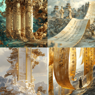 中国风，金银色调，3d玉雕，空中悬浮展开的卷轴，刻有古文，卷轴上站立古代诗人，背景山水画，精致，色彩丰富，中国古代极简主义，微距视角，3d，oc渲染，超现实，磨砂质感