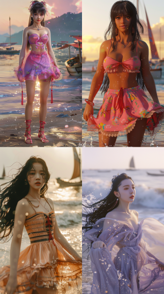 chinese beauty in gradient pink mini dress standing on sunset beach, 90cm flowing black hair with golden highlights, barefoot on wet sand with wave splashes, delicate red thread anklet, soft focus background with sailing boats, ultra-realistic skin texture with dewy glow, cinematic lighting