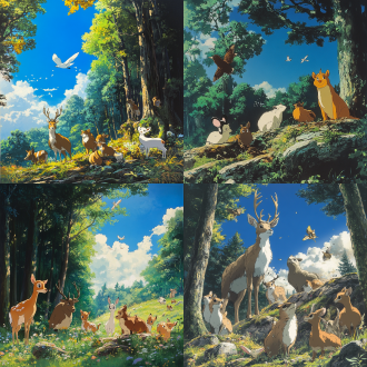 a group of animals in the wood, beautiful blue sky, by hayao miyazaki — ar 3:2 — niji 5