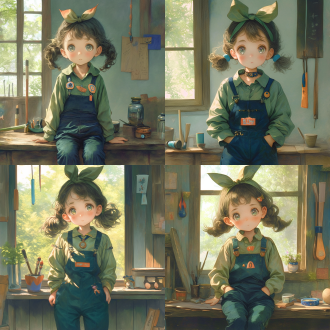 小女孩，7岁， 藕荷色盘扣上衣（袖口绣燕子纹），黛蓝棉麻背带裙（裙边有小补丁）， 双马尾用青丝带扎蝴蝶结，发梢自然卷翘，圆脸杏眼，鼻尖沾着靛蓝颜料，穿红色虎头布鞋； - 45°斜射的晨光穿过万字纹木窗格 - 榉木工作台（表面有深浅划痕）摆放： ▸ 带青苔的紫砂壶 ▸ 竹节笔筒插着狼毫/羊毫混型毛笔 ▸ 靛青染料罐边缘凝固颜料滴 - 背景墙工具： ▸ 带刻度标记的鲁班尺 ▸ 竹篾分丝器（挂有半透明竹纤维） ▸ 悬挂的牡丹风筝骨架上停着机械发条麻雀