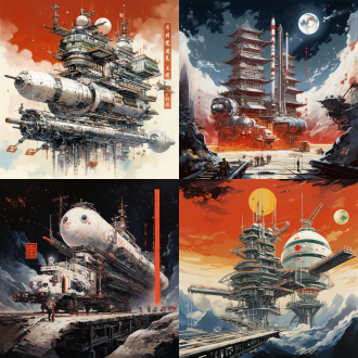 请画一幅 未来中国太空站 水墨画 国旗 科技进步的自豪感 火箭与长城 想象力丰富，细节刻画，精细绘画，色彩厚重渐变，透视感，明暗，景深，超广角画面，画面效果质量兼有专业摄影效果