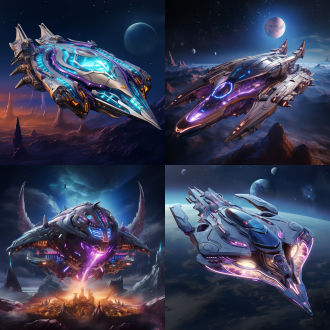 请 设计一艘融合传统龙元素的未来宇宙飞船，穿越星云，周围有发光星球、外星生物，展现“传统+科幻”的想象力 想象力丰富，细节刻画，精细绘画，色彩厚重渐变，透视感，明暗，景深，超广角画面，画面效果质量兼有专业摄影效果