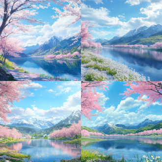 一副春天美景图，远处有山脉，河流，蓝天白云下湖边花草与樱花树林，全视角大风景，超清，真实细腻，超逼真，治愈感。