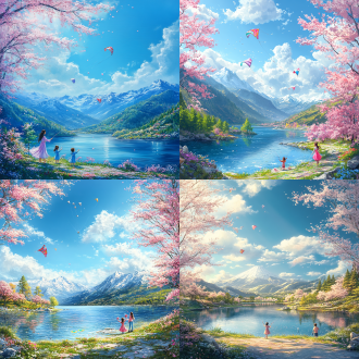 一副春天美景图，远处有山脉，河流，蓝天白云太阳下湖边花草与樱花树林，一母亲带子女放风筝，全视角大风景，超清，真实细腻，超逼真，治愈感。