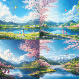 一副春天美景图，远处有山脉，河流，蓝天白云太阳下湖边花草与樱花树林，一母亲带儿子和女儿放风筝图，全视角大风景，超清，真实细腻，超逼真，治愈感。
