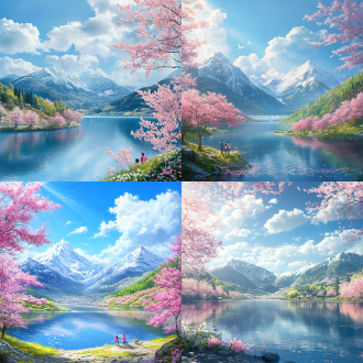 一副春天美景图，远处有山脉，河流，蓝天白云太阳下湖边花草与樱花树林，一家四口出游踏青图，全视角大风景，超清，真实细腻，超逼真，治愈感。