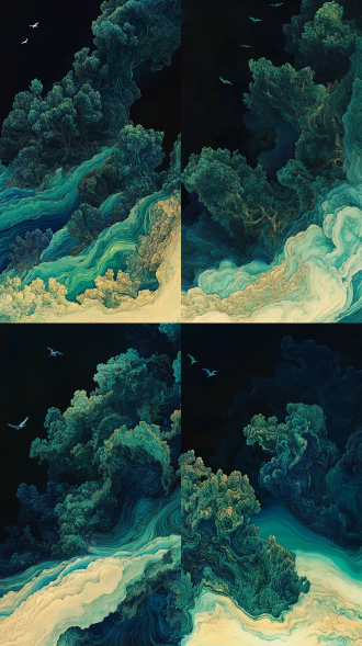 中国山水，层峦叠嶂的山，青绿色的草木植被，天上飞着仙鹤，地上有山路和樵夫，山涧有潺潺溪水。矿物颜料、颜色流淌混合、流体艺术、青绿泼墨山水、色彩鲜明、意境深远，8k高清艺术、大师风格。