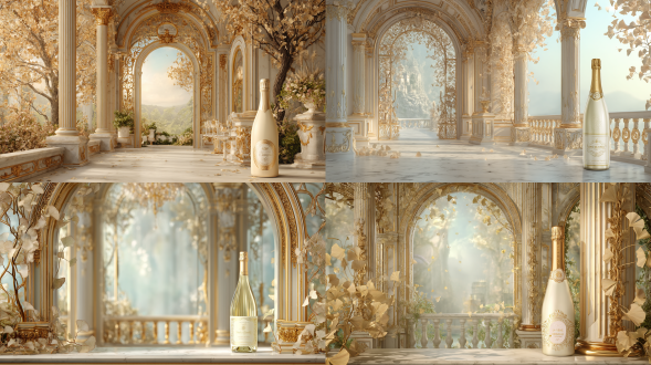 french chateau luxury champagne color background, elegant白酒 bottle product display on right side, rococo golden arch with corinthian columns, baroque mirror reflecting formal garden, champagne gold and ivory color palette, soft morning mist light, floating ginkgo leaves, marble texture, intricate floral ironwork, vintage luxury atmosphere, hyper-detailed 8k render, cinematic lighting, commercial photography, high-end liquor poster design