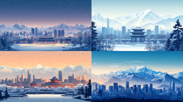 chengdu, snow-mountains in background, ultra realistic, high contrast, clean, modern, professional, flat illustration, vector design, business illustration, designed by adobe illustrator, ultra high level detail,8k