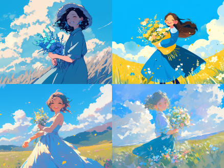 a young girl., two-dimensional flat coating, a happy smile, holding flowers in his hand, blue dress, stand in the wilderness, the blue sky and white clouds, the sun is warm
