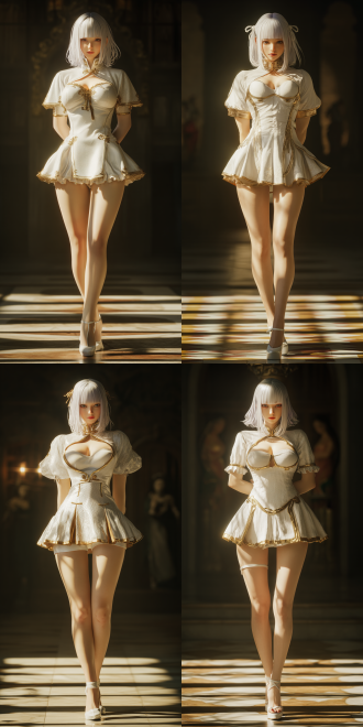 日向雏田优雅站姿，白色头发白裙金边古风短裙配白边高跟鞋，正面特写，32k动漫写实，暖光，唯美，特写镜头。