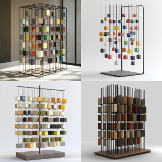 帮我生成图片：我是展示陈列设计师，要设计一款样板展架，要求：样块挂在小立方体上，样块尺寸6x4.5cm并且样块可以单独取拿，竖排12根铁杆，每根杆上挂12个立方体，可以旋转4个面展示，可以直立展示，可以折叠携带，内可以展示200个颜色，总尺寸：高不超过80cm，宽60cm，