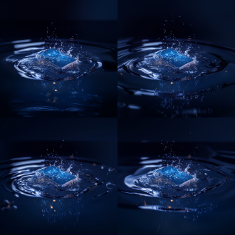 (product photography:1.4), smartphone floating in water droplets, dynamic splashes frozen in mid-air, (waterproof ip68:1.3), transparent aquarium tank with glowing bubbles, 360° water vortex background, light refraction on glass surface, submerged circuit texture overlay, raindrop trails on screen, hydrophobic coating effect, electric blue and silver accents, ultra-detailed 4k render, studio lighting with rim light, tech advertisement aesthetic, floating particle effects, (waterproof certification icon:0.8)