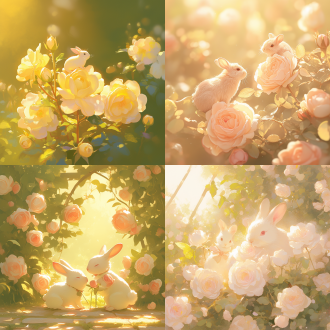花园玫瑰与蹦跳兔子，三分法构图，自然环境，微距镜头，柔和逆光，暖黄粉红调，宁静氛围。