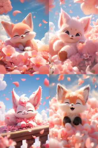 粉红狐狸宝宝穿皇家礼服躺云上，旁有桃花，大眼睛微笑，皮克斯风格，干净阳光，花瓣飞舞，虚幻引擎5，4k高清，快乐迷人，