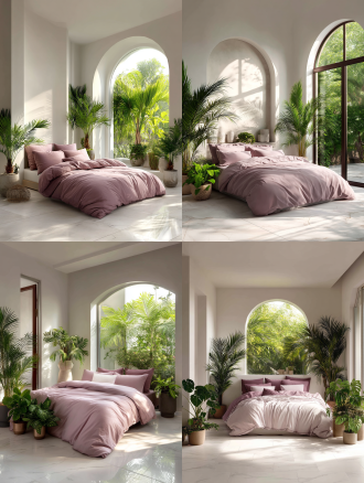 在一间设计精美的卧室中，整体氛围清新自然。房间以白色为主色调，地面铺着白色大理石瓷砖，反射着柔和的光线。一张床正面角度置放于房间中央，床上铺着淡紫色的床品，搭配同色系枕头，边缘有精致的缝线装饰，尽显细腻质感。 床头背景是一扇拱形窗户，窗外绿意盎然，茂密的热带植物映入眼帘，高大的棕榈叶与其他绿植相互交织，充满生机。窗户两侧和房间角落摆放着几盆绿色植物，叶片宽大，为空间增添了自然气息。拱形的门框设计独特，与窗外景色相呼应，整个场景将室内的舒适与室外的自然完美融合，营造出一种宁静、惬意且充满活力的居住氛围。