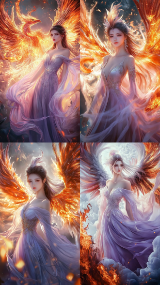 真实摄影，超细节，16k 超清画质，特写镜头，85mm 焦距，极致还原画面质感。画面主体为一位身着浅紫色飘逸长裙的美女与一只绚烂火凤凰。美女面容精致，眼眸明亮而灵动，浅紫色长发随风轻扬，衣服上绣着细腻的银色丝线纹路，随风飘动时闪烁微光。火凤凰周身火焰燃烧，羽毛色泽鲜艳夺目，每一根羽毛都仿佛有流动的火焰包裹，尾羽修长且闪耀着金色光芒。二者身处于一片奇幻的云端之上，周围云雾缭绕，被火凤凰的光芒映照得五彩斑斓，营造出神秘、奇幻且震撼的环境氛围，如梦如幻，好似来自遥远的神话世界。 熔岩洞穴
