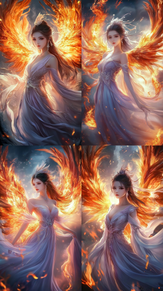 真实摄影，超细节，16k 超清画质，特写镜头，85mm 焦距，极致还原画面质感。画面主体为一位身着浅紫色飘逸长裙的美女与一只绚烂火凤凰。美女面容精致，眼眸明亮而灵动，浅紫色长发随风轻扬，衣服上绣着细腻的银色丝线纹路，随风飘动时闪烁微光。火凤凰周身火焰燃烧，羽毛色泽鲜艳夺目，每一根羽毛都仿佛有流动的火焰包裹，尾羽修长且闪耀着金色光芒。二者身处于一片奇幻的云端之上，周围云雾缭绕，被火凤凰的光芒映照得五彩斑斓，营造出神秘、奇幻且震撼的环境氛围，如梦如幻，好似来自遥远的神话世界。 熔岩洞穴
