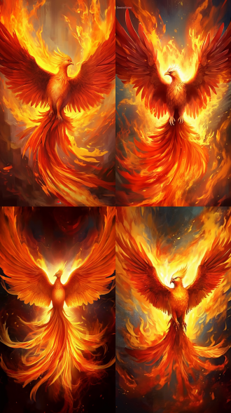 as the phoenix bathes in fire, flames dance around in high contrast. in the valley, an orange-red hue, captured through a telephoto lens, reveals the majestic sight of the phoenix spreading its wings, soaring with dignity.