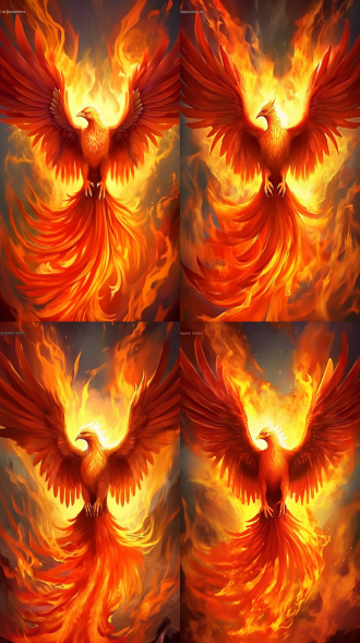 as the phoenix bathes in fire, flames dance around in high contrast. in the valley, an orange-red hue, captured through a telephoto lens, reveals the majestic sight of the phoenix spreading its wings, soaring with dignity.