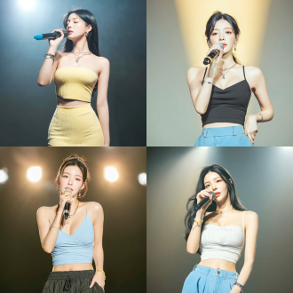 女歌手舞台唱歌，三分法构图，聚光灯下，冷色调，长焦镜头，特写，动态模糊，深情演唱，投入。