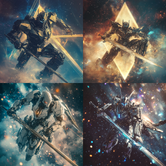 擎天柱穿铠甲持长剑踩飞马，三角构图，科幻风，外太空，超广角，逆光，动态模糊，金属色，霸气。