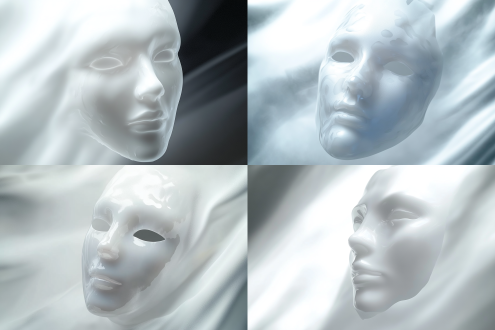 面膜侧面立体流体状覆于脸部，牛奶质感晶莹剔透，特写，侧逆光，高清实拍，高对比度，完美细节，高质感。 流体 白