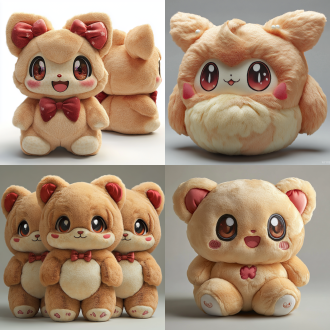 毛绒玩具三视图，正侧顶视角，白色背景，高分辨率，硬光，写实风格，色彩还原准确，静态展示。