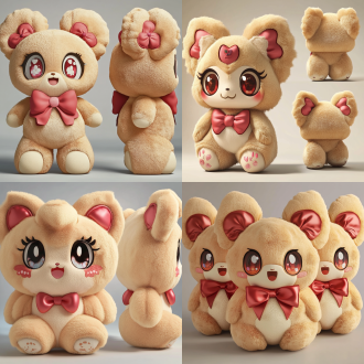 毛绒玩具三视图，正面、侧面、顶面视角，白色背景，写实风，硬光，高分辨率，色彩准确还原，静态展示。