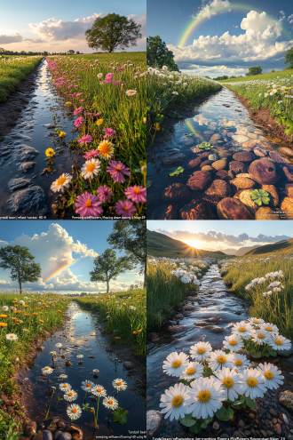 画面描述：雨后初霁的碧空中跨立着饱满的七色彩虹，广角镜头下嫩绿草坡如天鹅绒地毯向天际延展，沾满水晶雨珠的蒲公英、矢车菊与三叶草在微风中轻颤，每颗水珠都折射着虹光。蜿蜒的溪流泛着银鳞般波光，倒映出堆叠的积云与彩虹拱桥，岸边鹅卵石表面覆着半透明青苔。采用8k超清画质捕捉草叶绒毛上的球形水滴、野花丝绒质感的花瓣、溪水流动的雾化效果，使用佳能广角镜头营造空间纵深感，配合宾得hd镀膜展现空气透视效果，晨光穿透云层形成的丁达尔光束与彩虹色阶完美融合，呈现尼康z9拍摄的自然纪录片级画面。 （参数优化逻辑：1.光线渲染-用"丁达尔光束/折射虹光"强化雨后通透感 2.动态元素-通过"颤动野花/流动溪水"增加画面生机 3.器材术语-嵌入"宾得hd镀膜/尼康z9"提升专业摄影真实度）