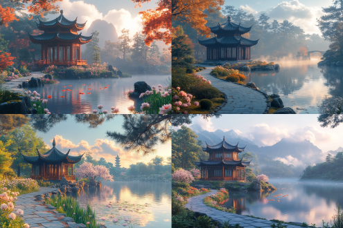 a traditional chinese hexagonal pavilion with upturned eaves, standing beside a winding bluestone path flanked by clusters of peonies and cherry blossoms, surrounded by ancient pine trees, jagged taihu rockery emerging from a misty koi pond, mirror-like water reflecting fluffy cumulus clouds in azure sky, ultra-realistic photography with 8k detail, morning golden hour lighting, depth of field emphasizing moss textures on roof tiles, hasselblad h6d natural color palette