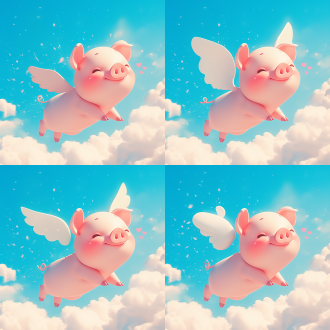 可爱飞天粉猪，眯眼微笑五官柔，微胖无尾带白翅，天空飞姿，c4d风，浅蓝天背景小云，低饱和度，仰拍。