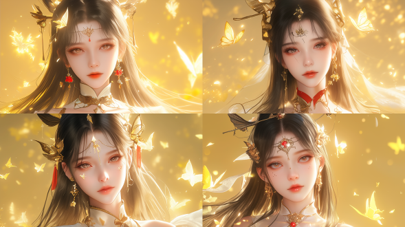 女人20岁，中国风古风，半张脸充满神性，半张脸充满魔性，仙侠，长发，精致五官，白晰皮肤，美丽，中国风古风仙侠，画面中间，广角镜头，三分构图，动态模糊，8k分辨率，hd，倾国倾城，高清细节，详细细节，电影级质感，高对比度，冷色调，侧光，温柔，中国风，虚幻引擎。