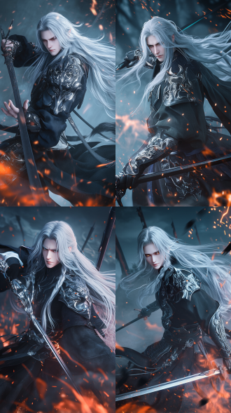 男性20岁，中国风古风，仙侠，白色长发，精致五官，白晰皮肤，英俊，黑色战甲，手拿长剑，全身完整入境，大幅度动作，中国风古风仙侠，画面中间，广角镜头，三分构图，战场环境，烽火连天，星空夜景，草地，战乱，动态模糊，8k分辨率，hd，倾国倾城，高清细节，详细细节，电影级质感，高对比度，冷色调，侧光，紧张，中国风，虚幻引擎。