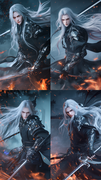 男性20岁，中国风古风，仙侠，白色长发，精致五官，白晰皮肤，英俊，黑色战甲，手拿长剑，全身完整入境，大幅度动作，中国风古风仙侠，画面中间，广角镜头，三分构图，战场环境，烽火连天，星空夜景，草地，战乱，动态模糊，8k分辨率，hd，倾国倾城，高清细节，详细细节，电影级质感，高对比度，冷色调，侧光，紧张，中国风，虚幻引擎。