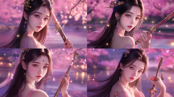 中国风古风，20岁女，手拿细剑，看向镜头，浪漫，清晰的五官，精致五官，白晰皮肤，美丽，画面中间，广角镜头，三分构图，夜晚，河边，桃花树下，萤火虫，浪漫，爱情，动态模糊，8k分辨率，hd，倾国倾城，高清细节，详细细节，电影级质感，高对比度，暖色调，侧光，中国风，虚幻引擎，游戏原画设计。