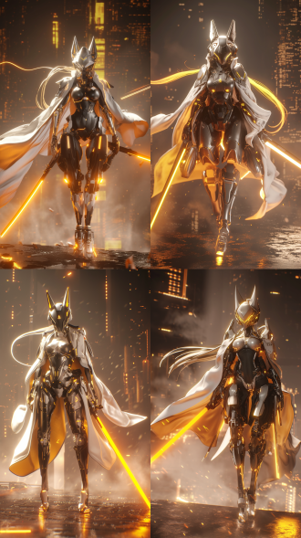 女性机甲，身形匀称，修长的机甲腿部，机甲黑色和白色为主，有金色点缀，有着狐狸耳朵结构，眼部发着金色眩光，扎起长长的散发金色光芒的头发，有科技光纹路的机甲，机甲光滑而坚硬，纹路细节精细，手拿橙色光芒的光剑，赛博科技感，侧光，动态模糊，夜晚，赛博城市街区场景，8k分辨率，hd高清，电影级质感。 虚幻引擎 oc渲染器