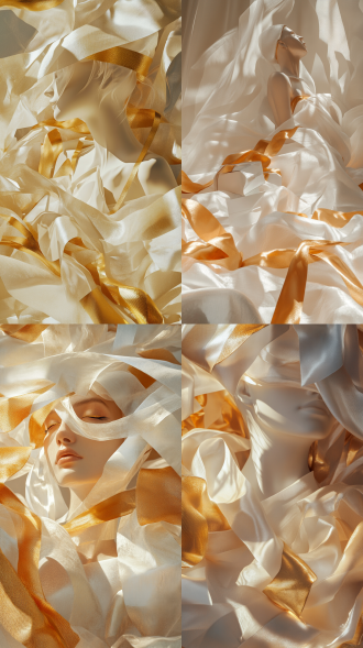 抽奖券与礼盒安置丝绸缎丝带间，抽象女性为背景，白色和金色为主色调，抽象风格，柔和的光线下，中焦镜头，活动氛围，优雅