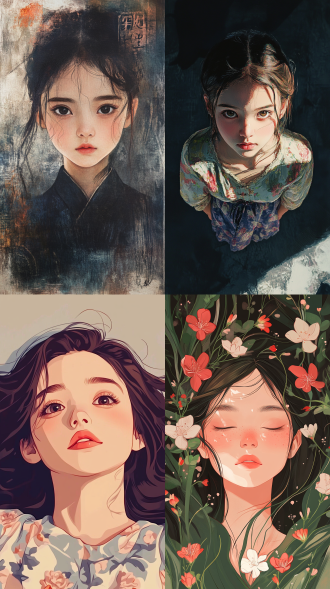 小女生的插画，鸟瞰视角图，国风风格，高品质