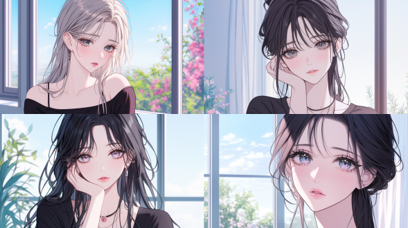 冷艳少女mo yuqing，三分构图，特写镜头，室内，柔和暖光，白皙肤色，轻抿粉唇，秋波含情，清冷气质。 充满阳光 全景 参数化室内 多姿势角色