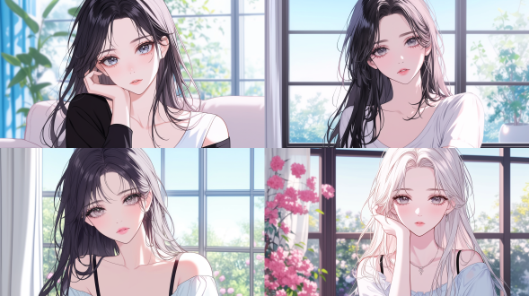 冷艳少女mo yuqing，三分构图，特写镜头，室内，柔和暖光，白皙肤色，轻抿粉唇，秋波含情，清冷气质。 充满阳光 全景 参数化室内 多姿势角色