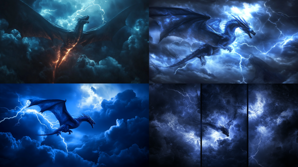 蛟龙在电闪雷鸣乌云中腾空，三分法构图，暗蓝色调，超广镜头，逆光，闪电特效，快速快门，推进上升，电影质感，超写实。