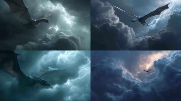 蛟龙在电闪雷鸣乌云中腾空，三分法构图，电影质感，超写实，冷色调，长焦镜头，顶光，推进上升动作流畅，震撼。