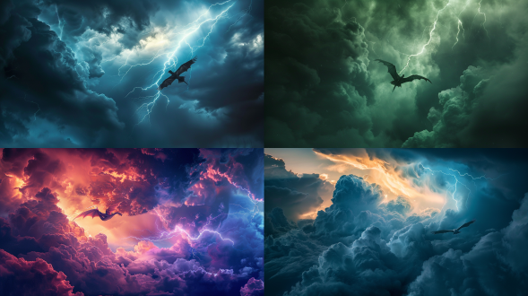 蛟龙在电闪雷鸣乌云中腾空，三分法构图，电影质感，超写实，冷色调，长焦镜头，顶光，推进上升动作流畅，震撼。