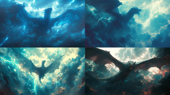 蛟龙在电闪雷鸣乌云中腾空，三分法构图，超写实，电影质感，冷色调，长焦镜头，顶光，推进上升动作流畅，震撼。