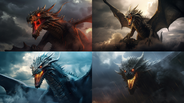 蛟龙在电闪雷鸣乌云中腾空，三分法构图，电影质感，超写实，冷色调，长焦镜头，顶光，推进上升，动态流畅，震撼。