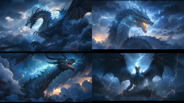 蛟龙在电闪雷鸣乌云中腾空，三分构图，乌云密布环境，长焦镜头，侧逆光，快速快门，推进上升，超写实，电影质感，蓝色调，震撼。